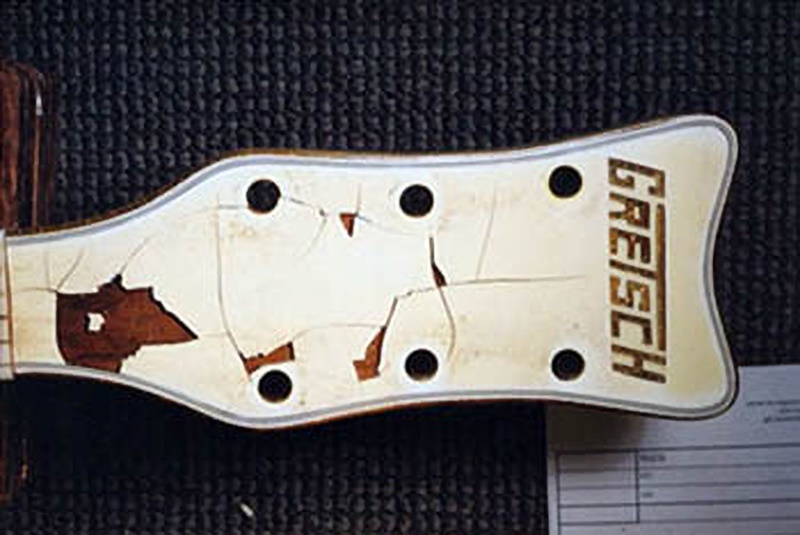 Damaged head plate of the vintage White Falcon