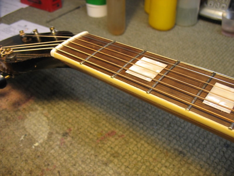 The Gretsch neck with new bindings, frets, and inlays