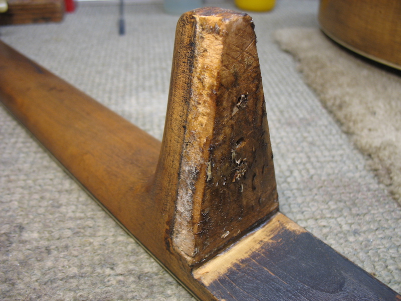 The neck joint of the vintage archtop guitar - before repiar